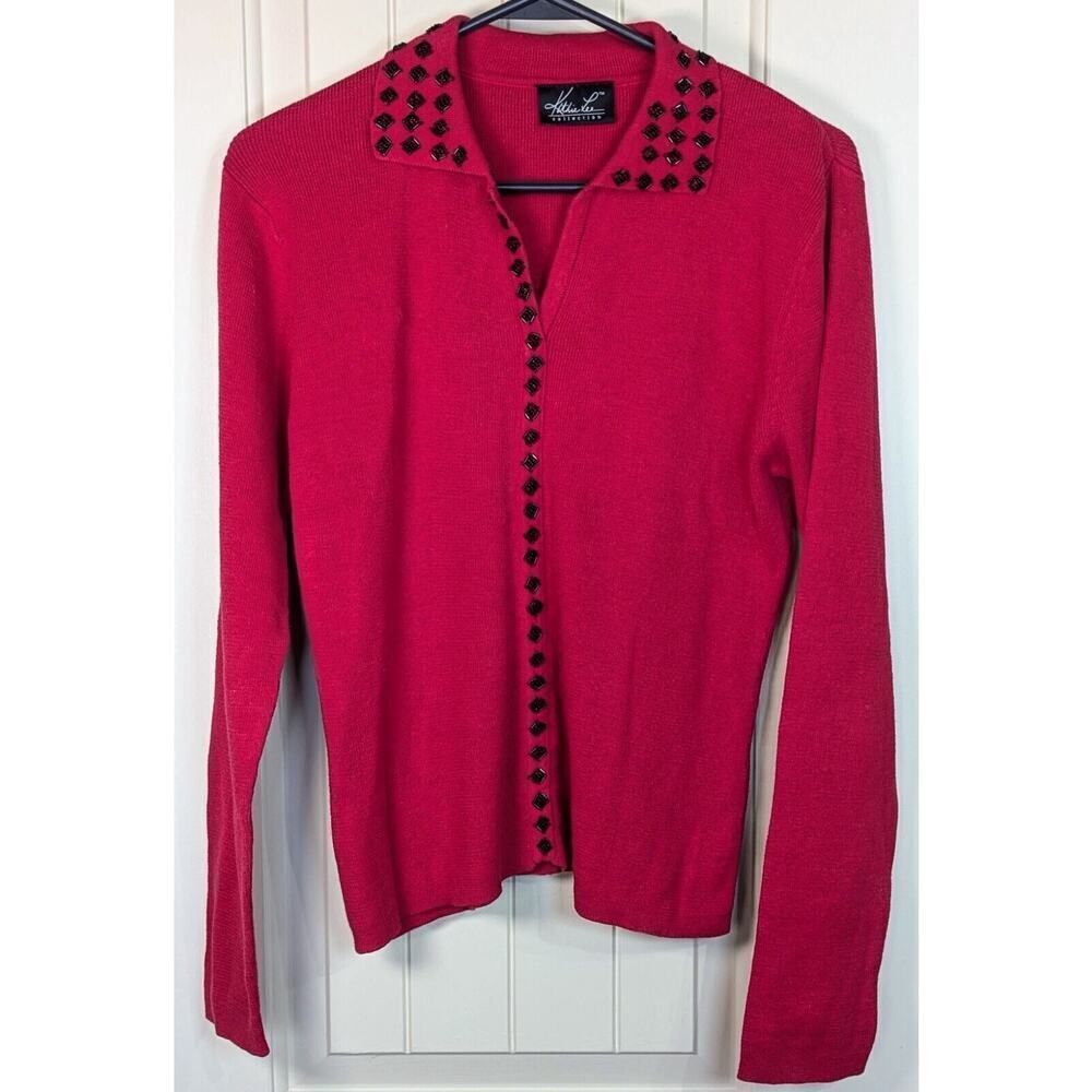 Kathie Lee Collection Vintage Beaded Red Collar Polo Knit Sweater Medium